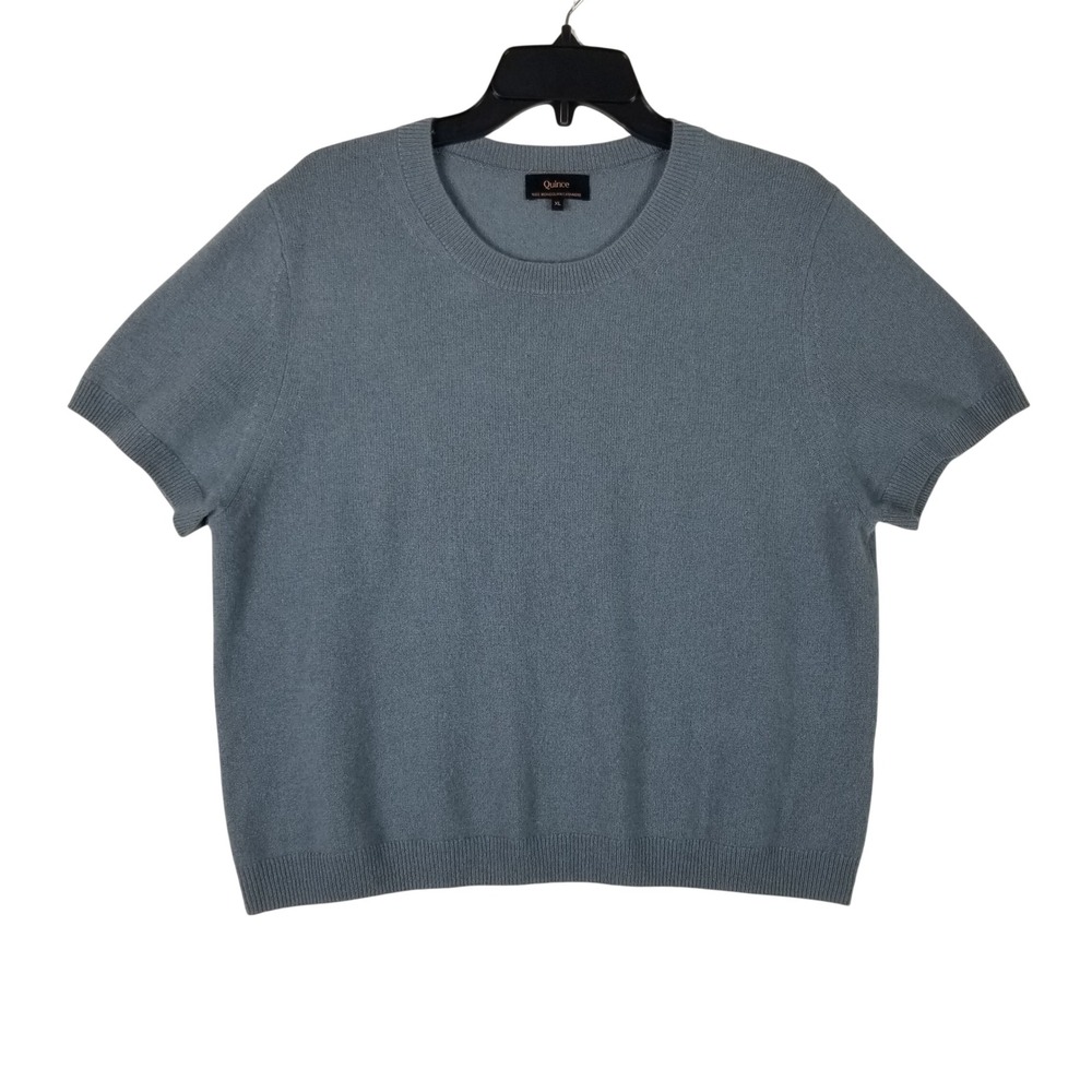 Quince Short Sleeve Sweater Women XL Blue 100% Mongolian Cashmere Crew Neck Knit